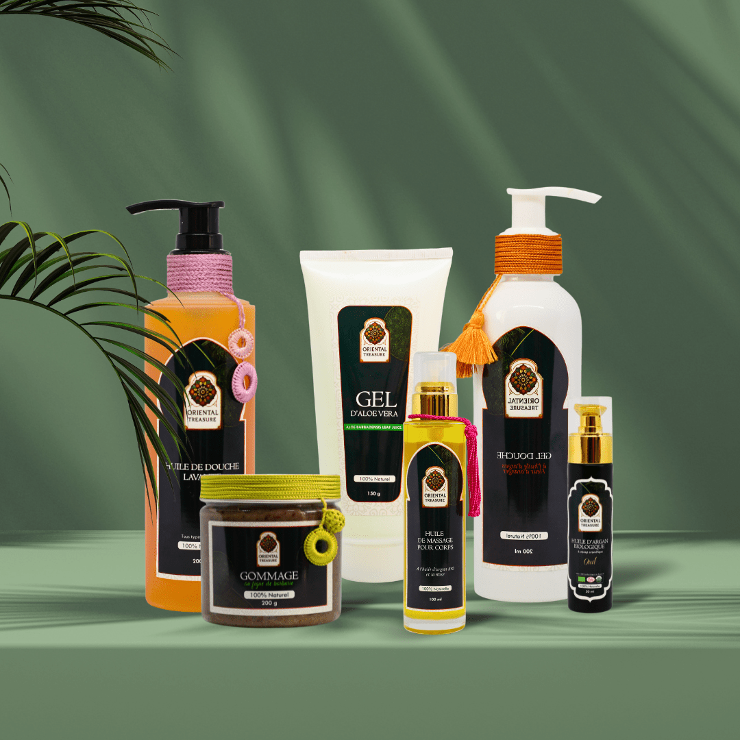 Collection de produit de Soin Corporel d'oriental treasure comprenant des gommages, du gel aloé verra, des huiles de massages, des huiles cosmétiques, des gels douches