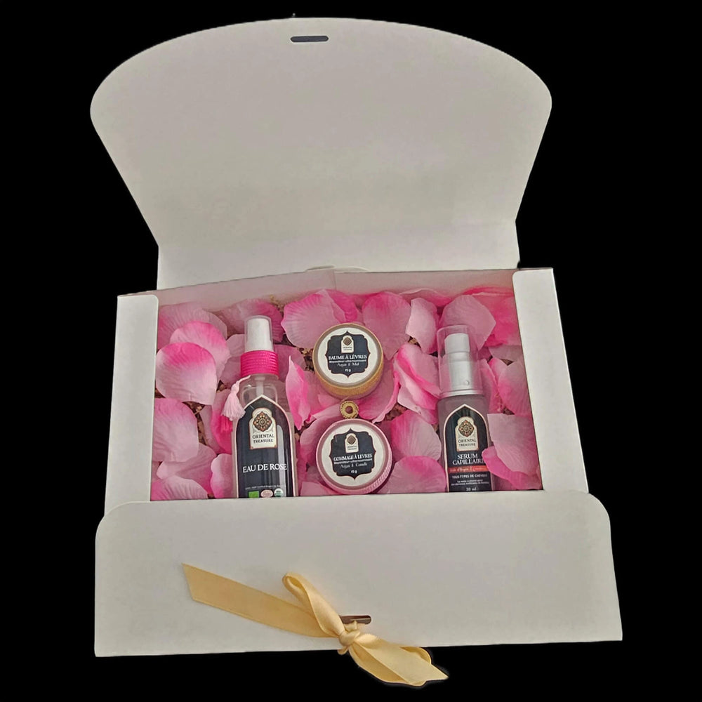 Coffret cadeau pour jeune fille avec un baume à lèvres argan et framboise, une eau de rose bio, un gommage à lèvres argan et cannelle, un sérum capillaire à la framboise