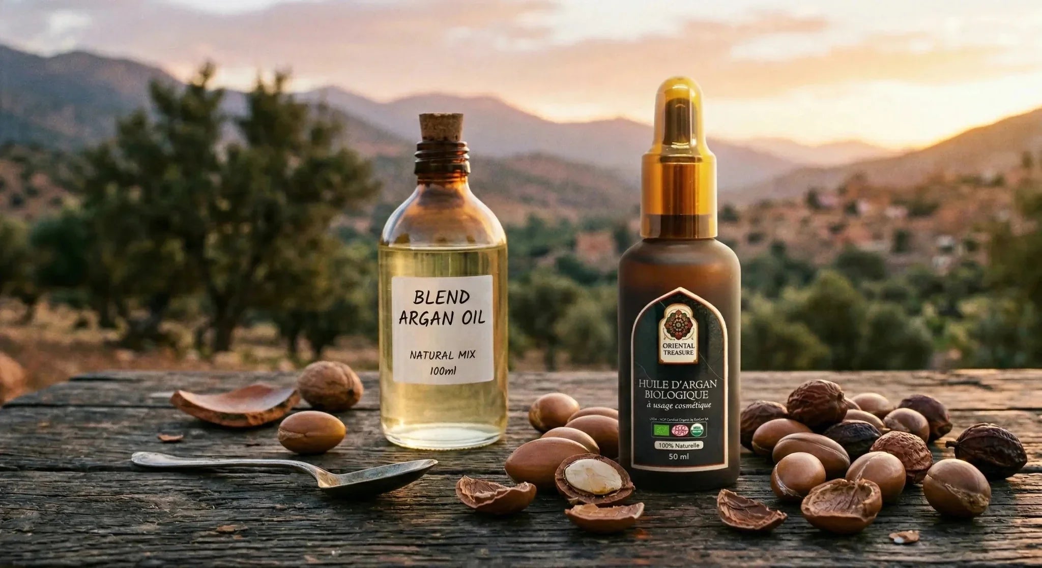 Comparaison de deux flacons d'huile d'argan, un mélange générique et une huile biologique certifiée, entourés de noix d'argan