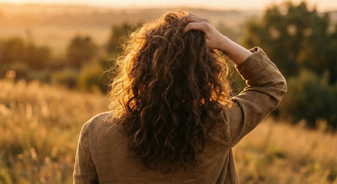 Femme de dos examinant les pointes d'une mèche de ses cheveux bouclés, à contre-jour devant une fenêtre