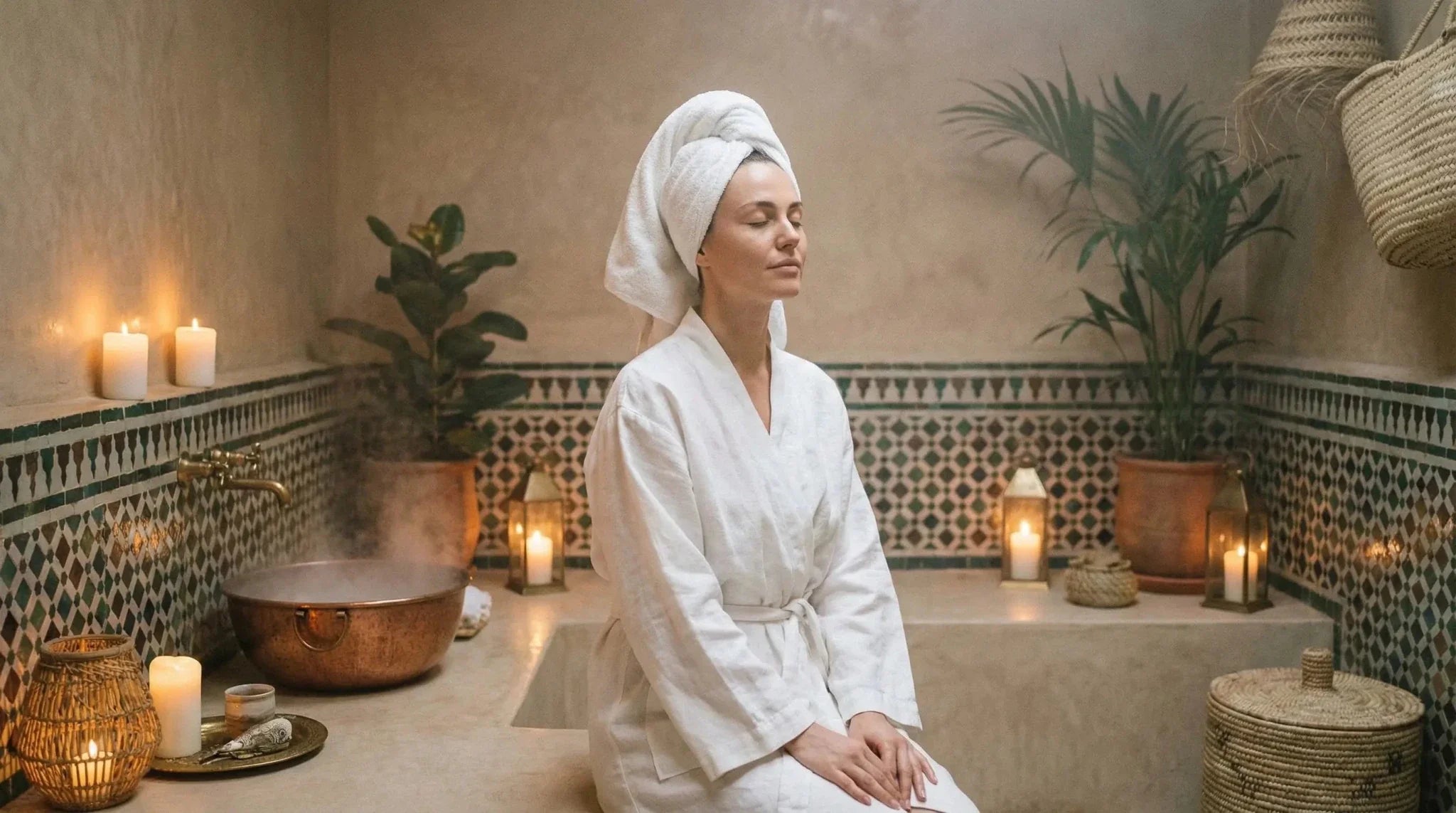 Femme en peignoir blanc, serviette sur les cheveux, assise dans un hammam marocain aux zelliges verts éclairé aux bougies