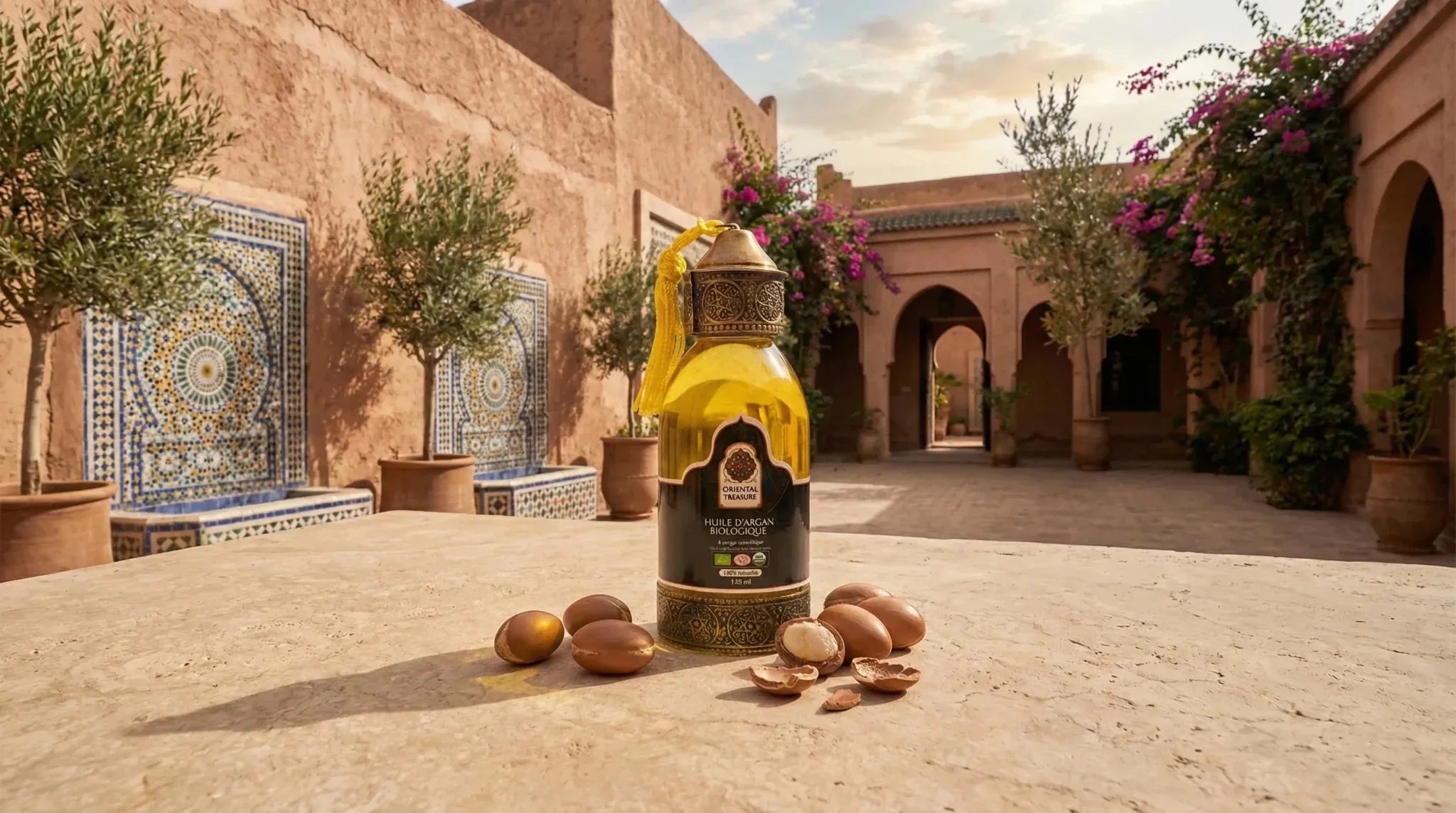 Flacon d'huile d'argan biologique Oriental Treasure entouré de noix d'argan, dans le patio d'un riad marocain aux zelliges