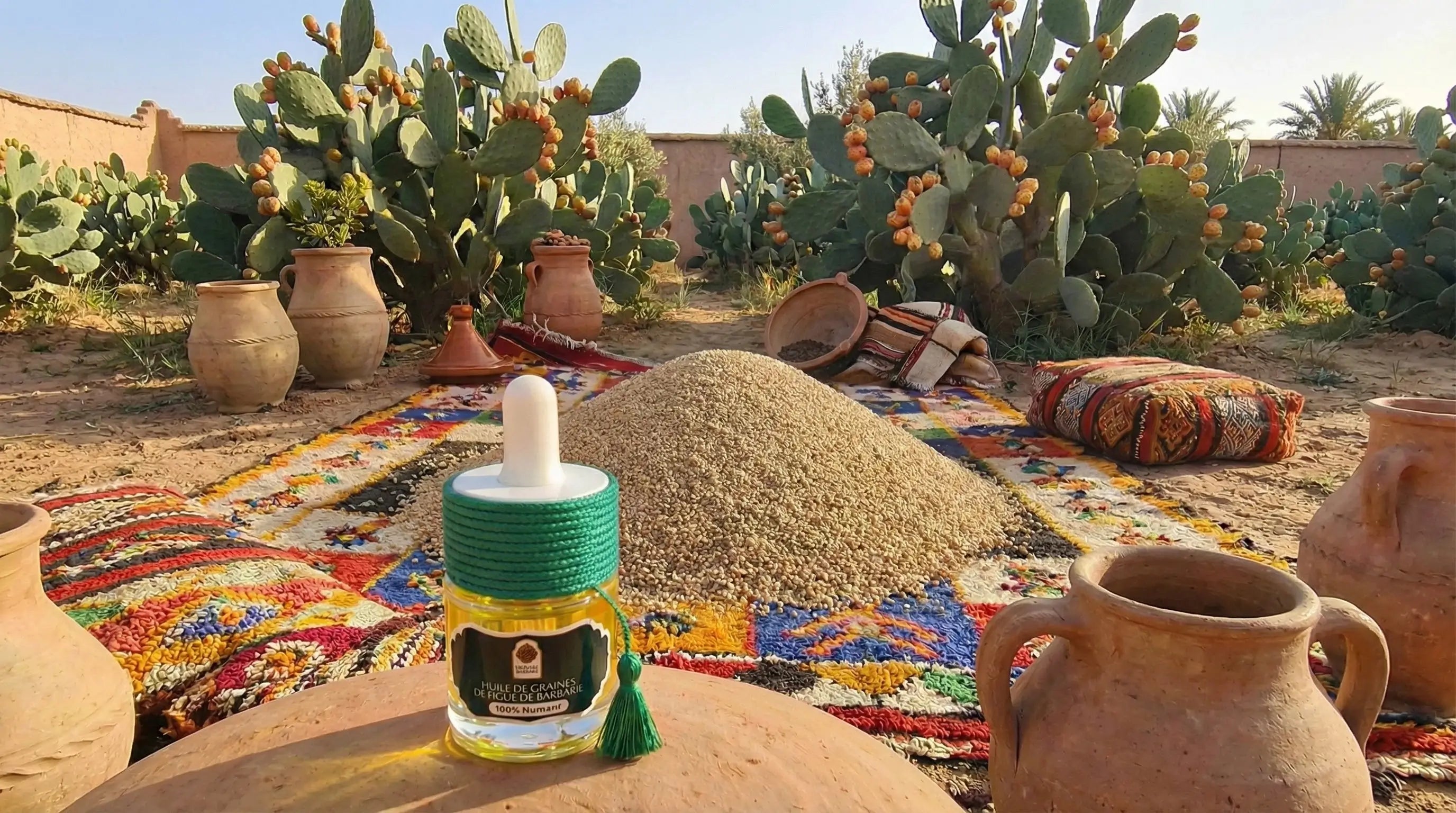 fiole d'huile de pépins de figue de barbarie bio dans un décor marocain en extérieur au milieu des figuiers et des pépins secs.