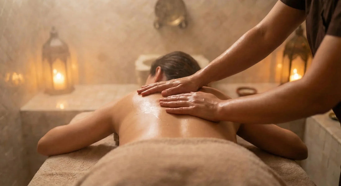 Massage du dos à l'huile dans un hammam marocain, à la lueur de lanternes