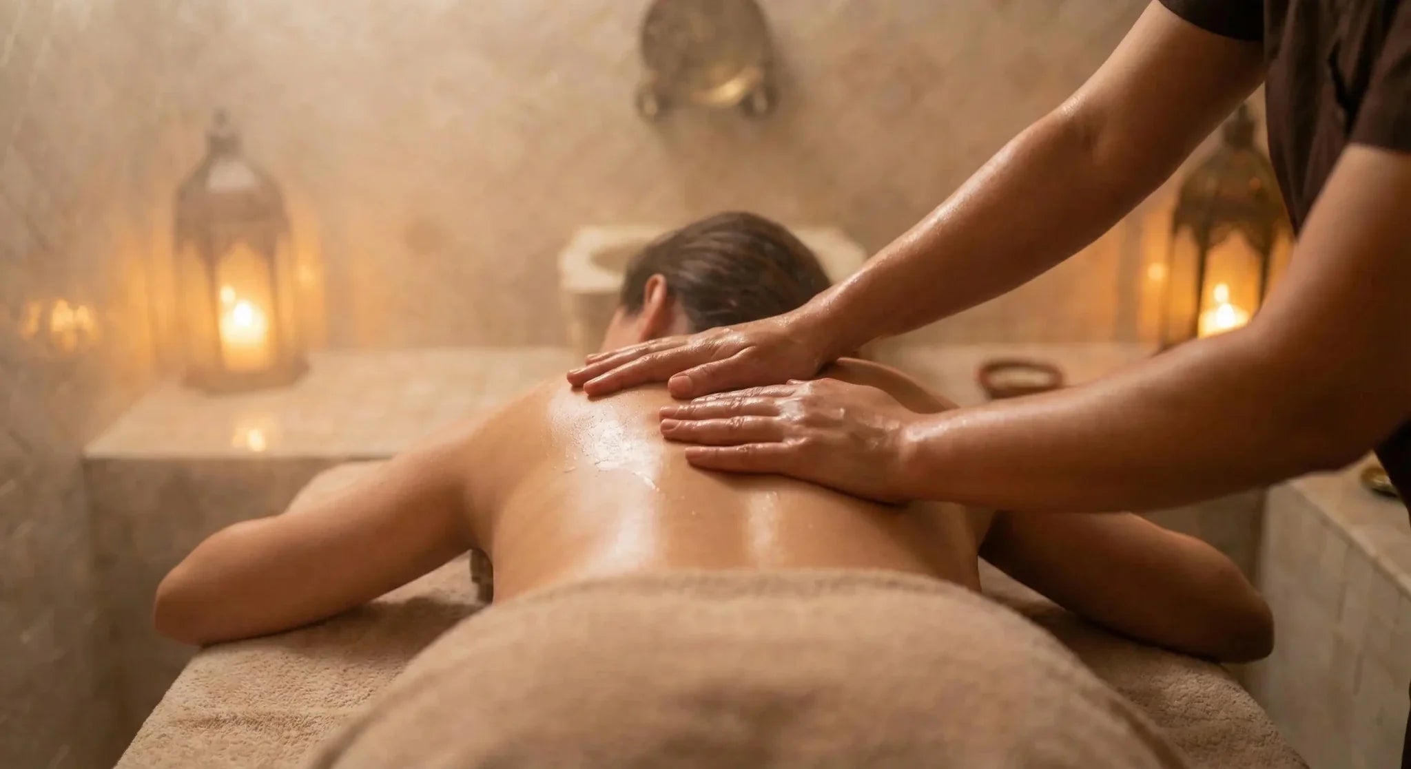 Massage du dos à l'huile dans un hammam marocain, à la lueur de lanternes