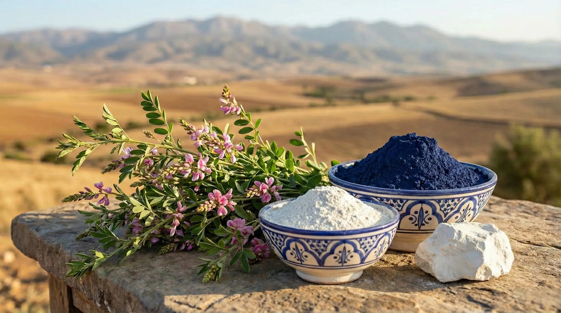 ingrédient brut du masque au nila bleu d'oriental treasure : poudre de kaolin, poudre d'Indigofera Suffruticosa.