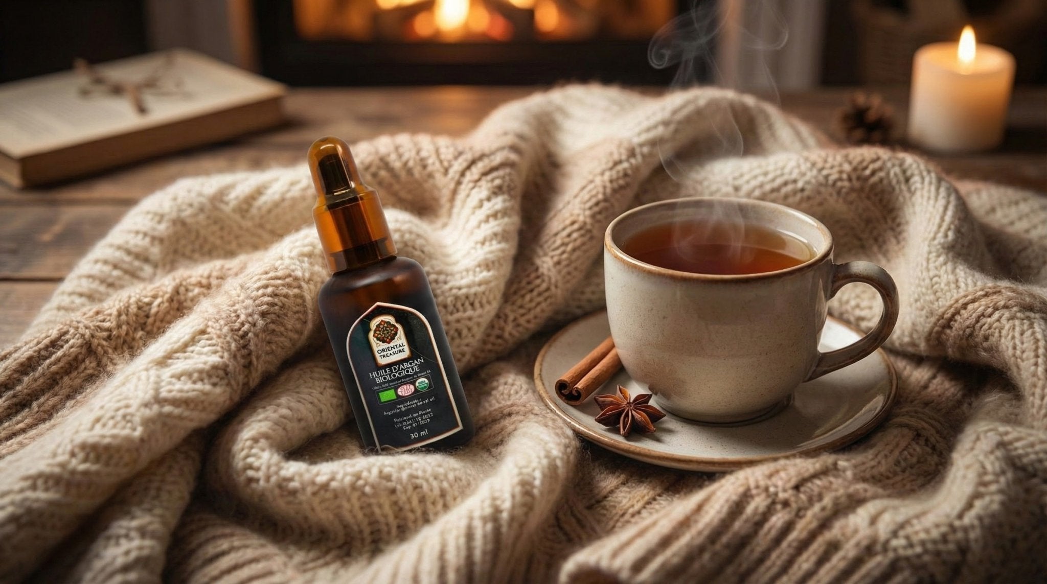 Flacon d'huile d'argan biologique Oriental Treasure posé sur un plaid en laine, à côté d'une tasse de thé fumante, devant une cheminée allumée
