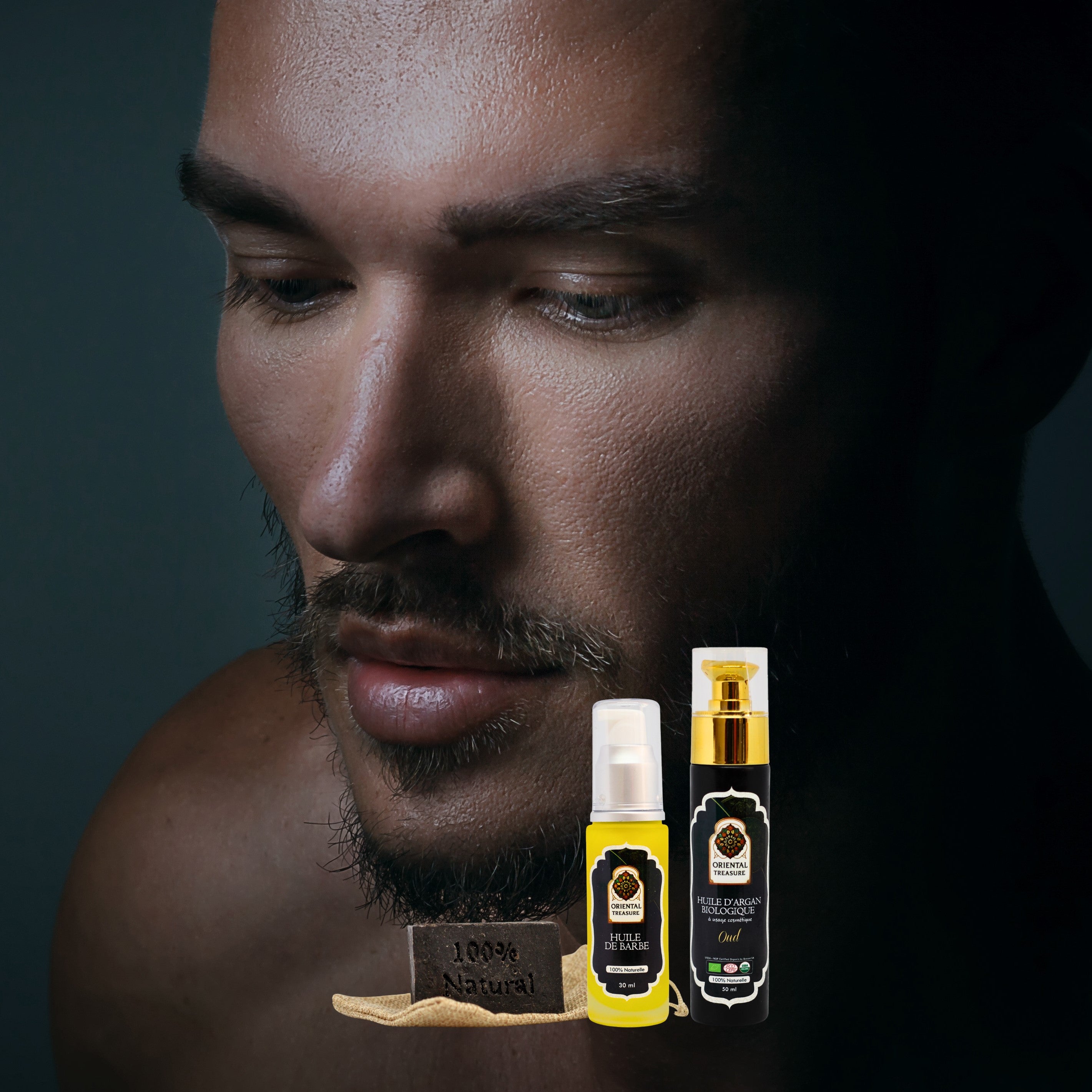 Un homme barbue avec un belle peau. En premier les produits de la gamme soin visage homme de la marque oriental treasure