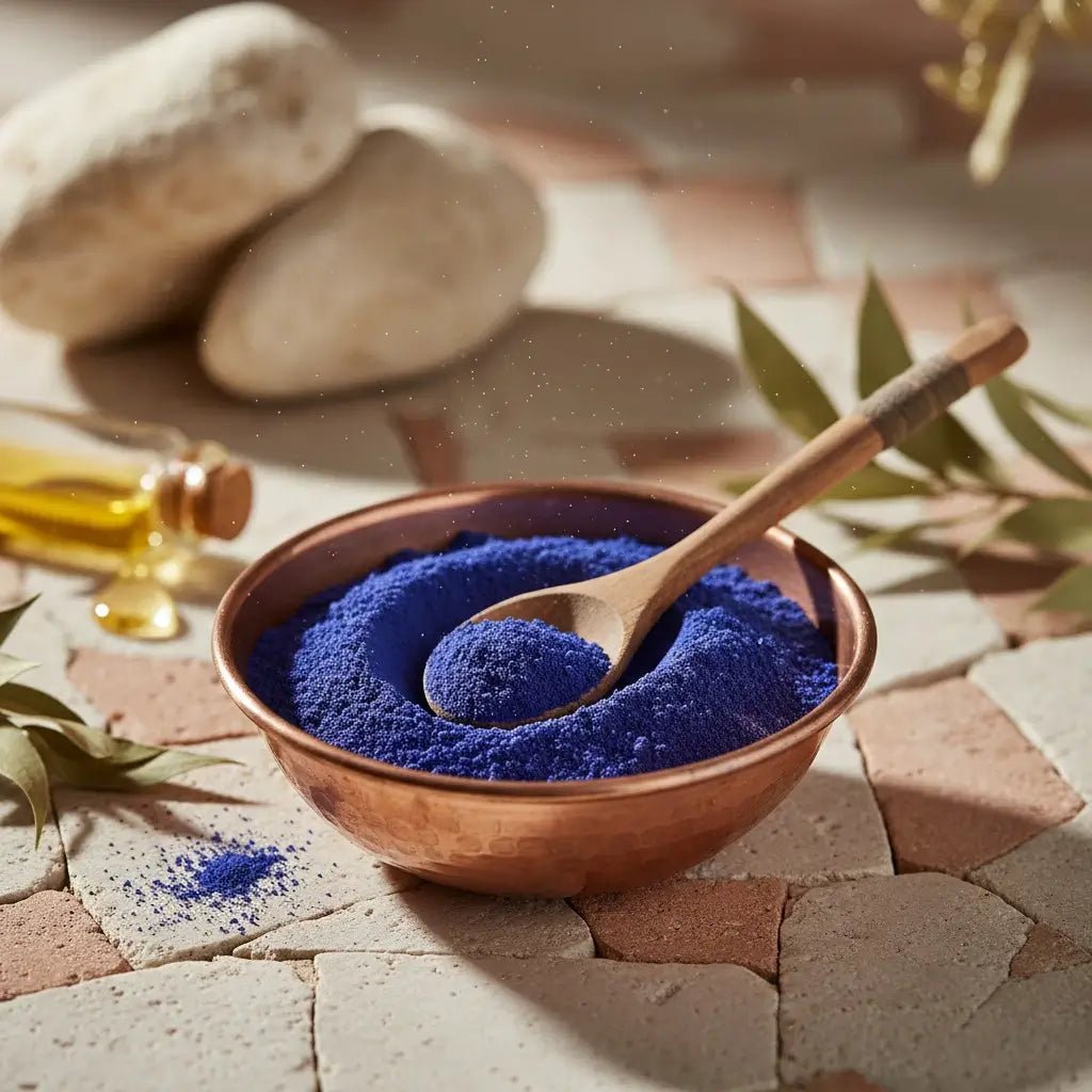 Poudre de Nila Bleu pure dans un bol en cuivre avec une cuillère en bois, sur un fond de carrelage marocain et pierres naturelles.