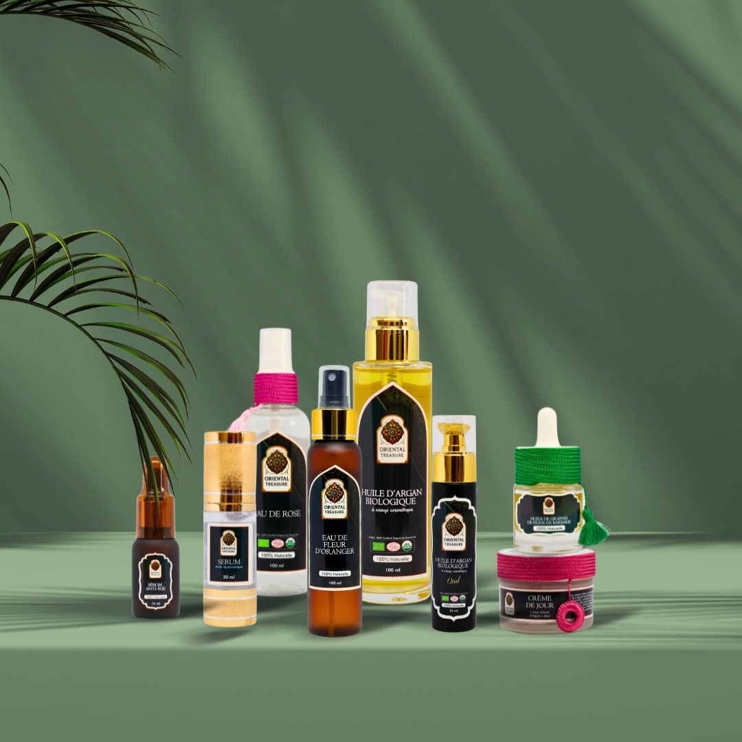 Ensemble des produits cosmétiques Soin du visage de la marque Oriental Treasure, tel que les crèmes de jour, les sérums, les eaux florales, l'huile d'argan