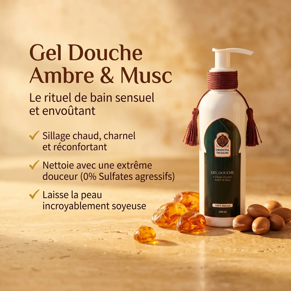 Gel douche argan musk et ambre Oriental Treasure parfum sensuel oriental présentation