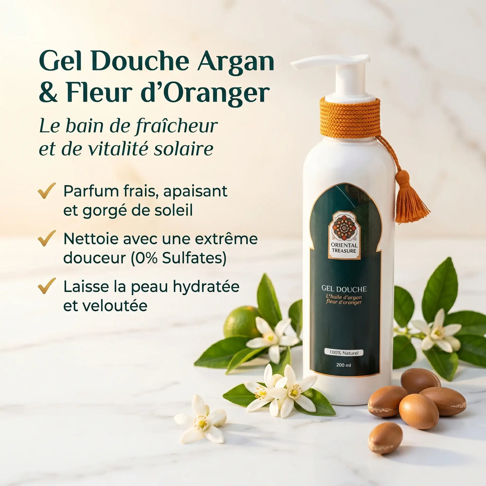 Gel douche à la fleur d'oranger argan Oriental Treasure présentation flacon