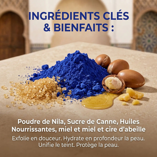 Gommage Éclaircissant au Nila Bleu & Argan – Exfoliant Doux & Unifiant