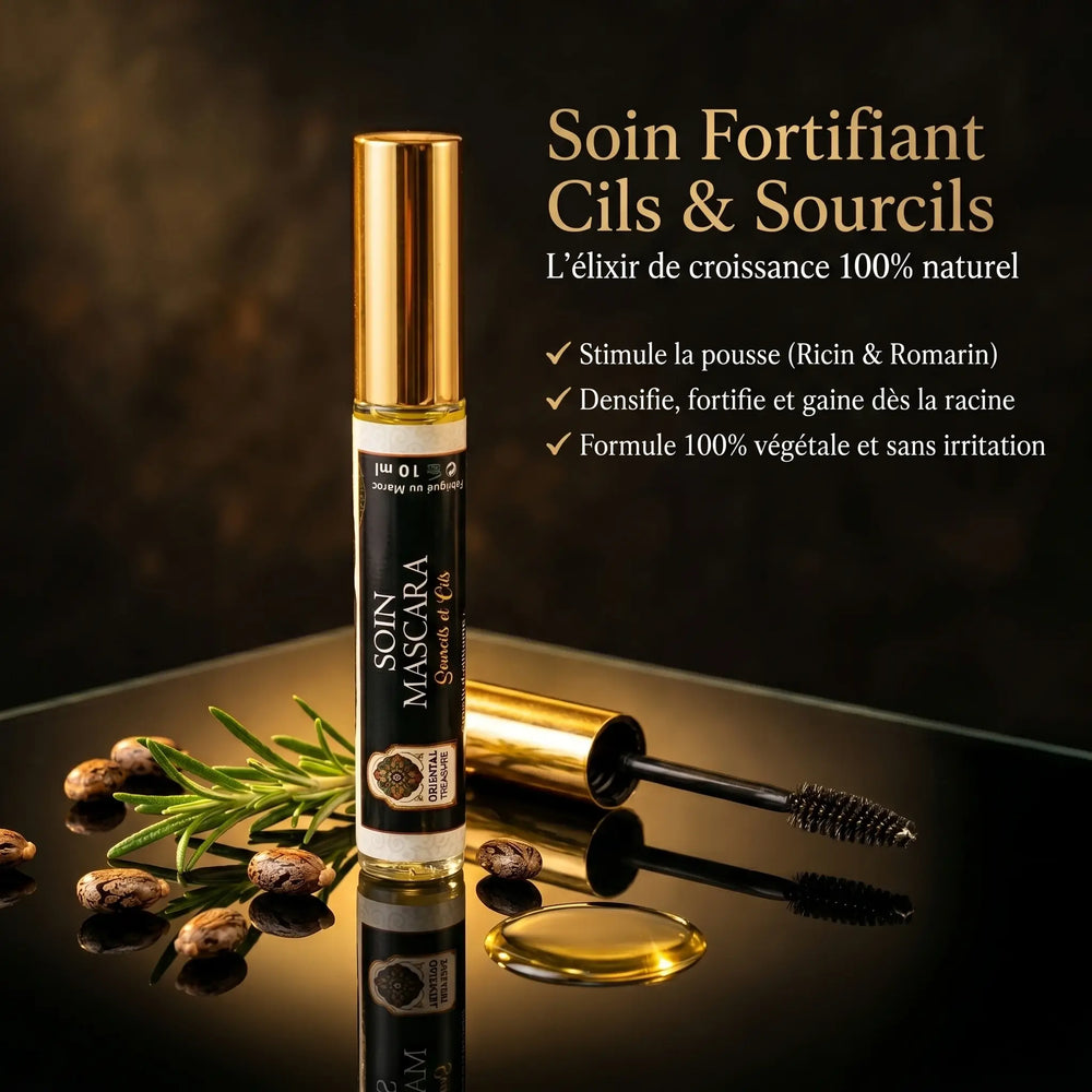Mascara Soin Cils et Sourcils Oriental Treasure tube présentation produit huile ricin argan bio