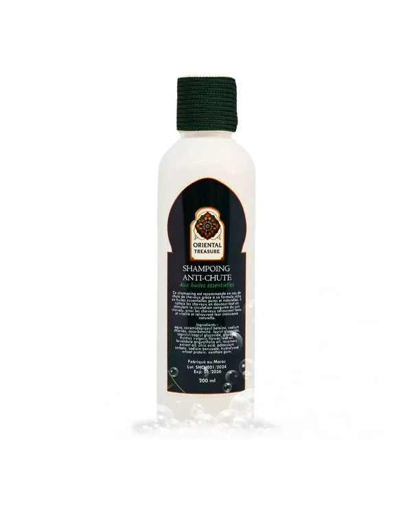 Bouteille de shampoing aux huiles essentielles d'oriental treasure avec liste des ingrédients