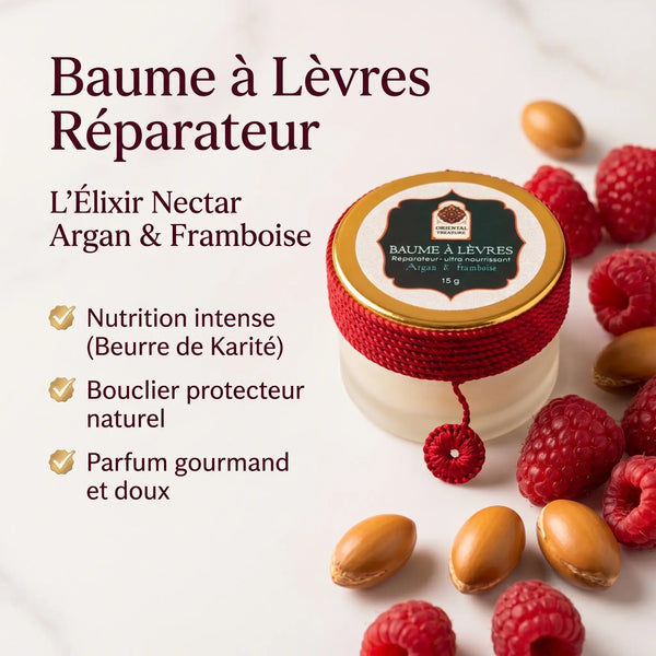 Baume à lèvres framboise Oriental Treasure pot 15g présentation produit naturel