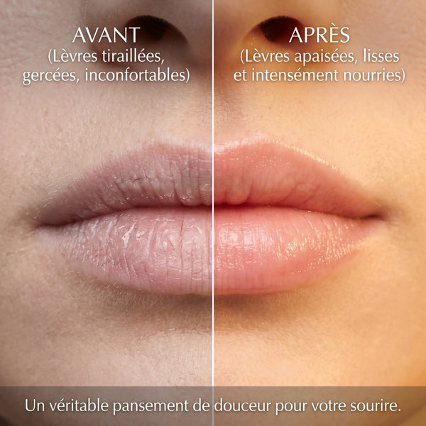 Avant après baume lèvres miel réparation lèvres gercées abîmées 24h