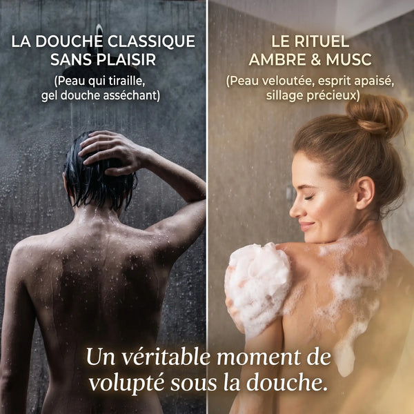 Avant après gel douche argan musk ambre peau sèche nourrie souple