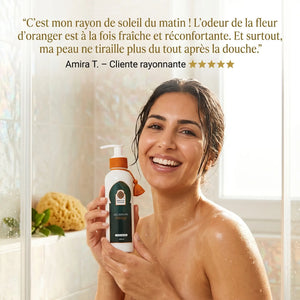 Avis cliente Dominique gel douche fleur d'oranger peau sèche protégée