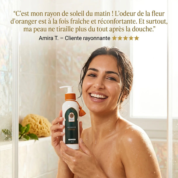 Avis cliente Dominique gel douche fleur d'oranger peau sèche protégée