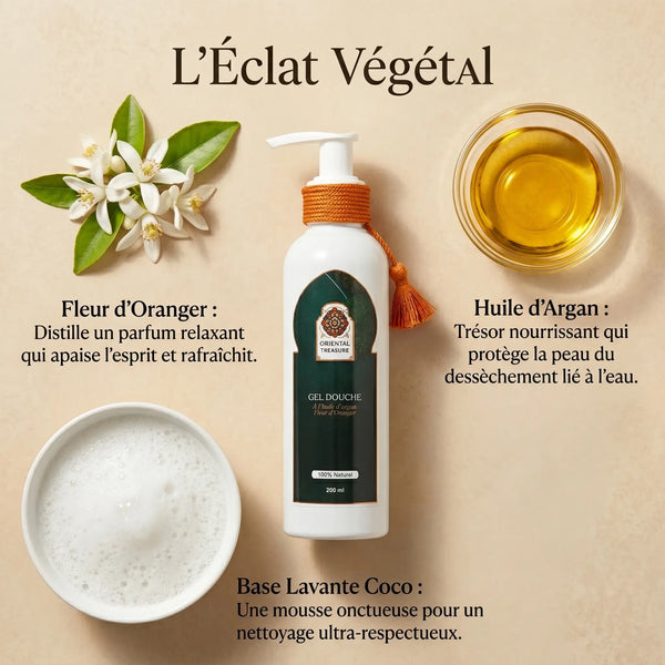 Ingrédients gel douche argan fleur d'oranger amande douce néroli naturel