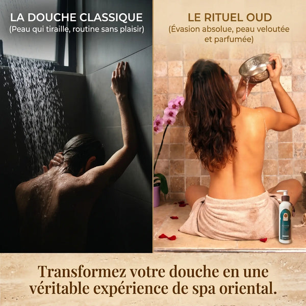 Avant après gel douche argan oud peau hydratée douce parfumée