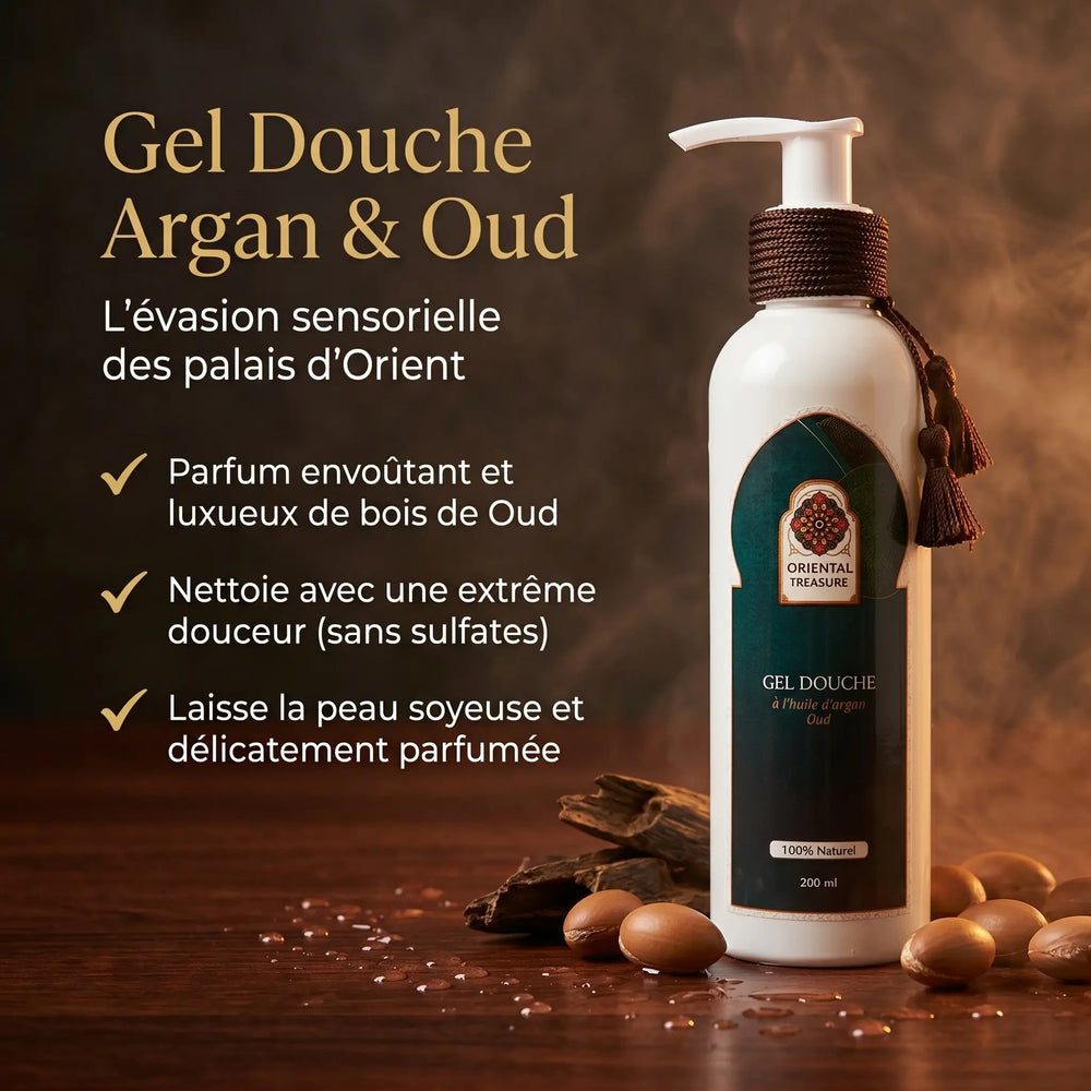 Gel douche à l'oud et argan Oriental Treasure parfum boisé oriental présentation
