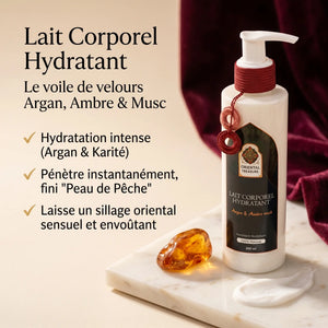 Lait Hydratant Corps Argan, Ambre & Musc – Soin Sensuel Cocooning Peaux Sèches