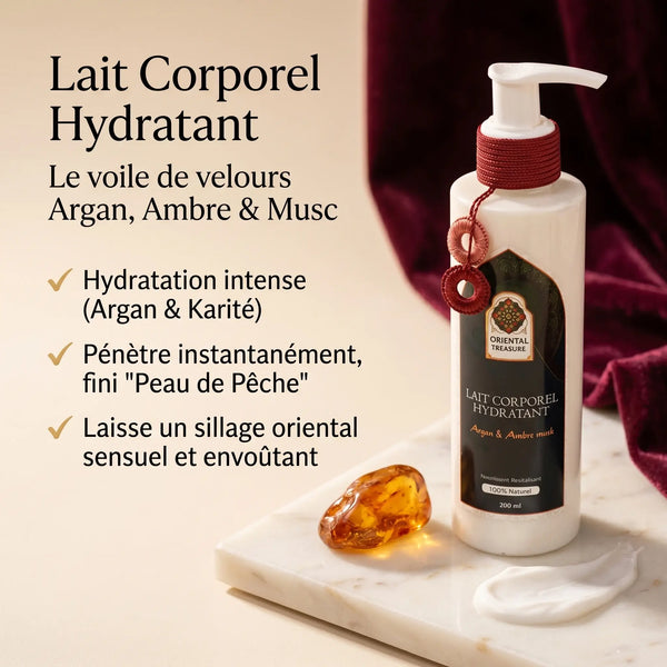 Lait Hydratant Corps Argan, Ambre & Musc – Soin Sensuel Cocooning Peaux Sèches
