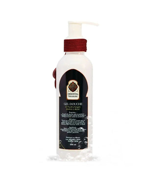 Flacon gel douche musk et ambre enrichi en huile d'argan, vue sur les ingrédients