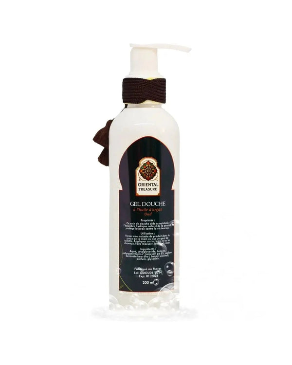 Flacon de gel douche Oud à base d'ingrédient naturel avec vue sur la liste d'ingrédient
