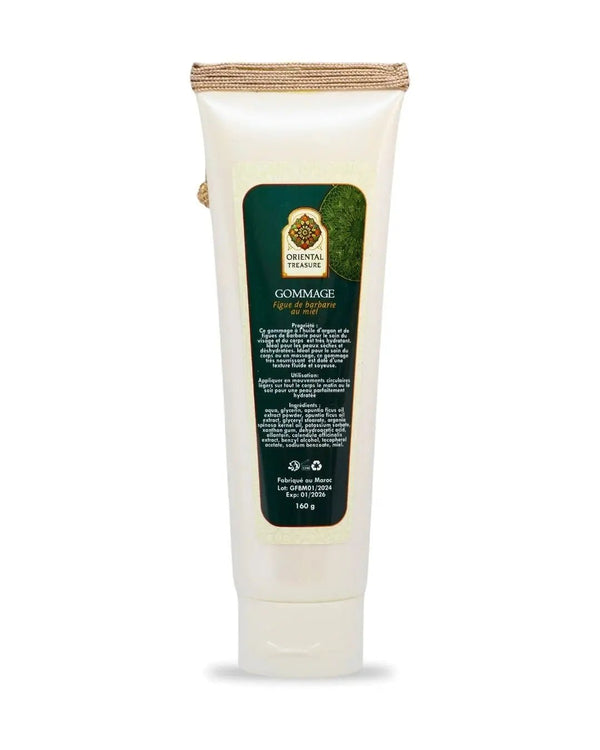 Tube de gommage Miel et Figue de barbarie vue de dos avec la liste des ingrédients, riche en vitamine E