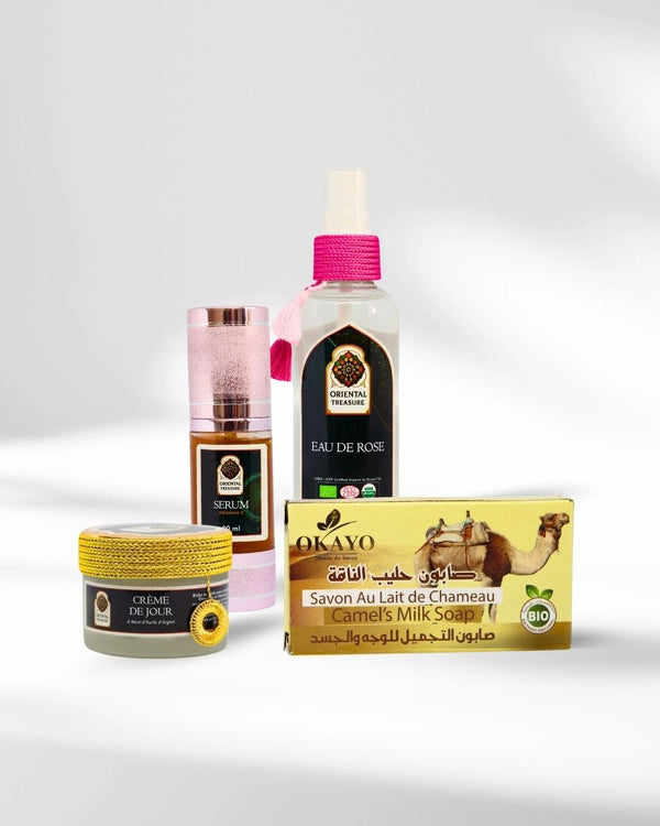 Assortiment de produits cosmétiques naturels pour une routine peau sèche visage et corp