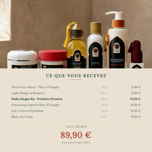 Contenu du coffret Rituel Hammam : savon noir 200 g, argile rouge 220 g, huile d'argan 125 ml, shampoing 200 ml, lait corporel 200 ml, blush aker fassi 15 ml