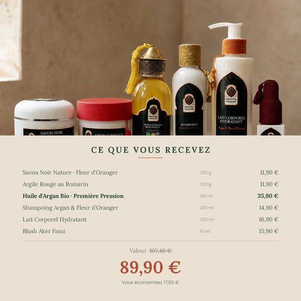 Contenu du coffret Rituel Hammam : savon noir 200 g, argile rouge 220 g, huile d'argan 125 ml, shampoing 200 ml, lait corporel 200 ml, blush aker fassi 15 ml