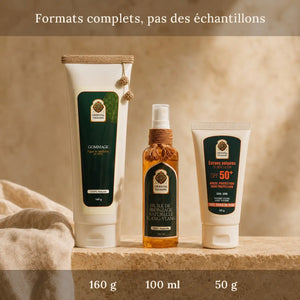 Rituel Soleil : gommage, crème solaire SPF 50+ et huile de bronzage 100 ml