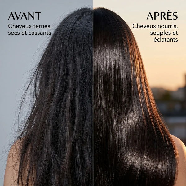 Avant après shampoing argan miel cheveux doux brillants soyeux